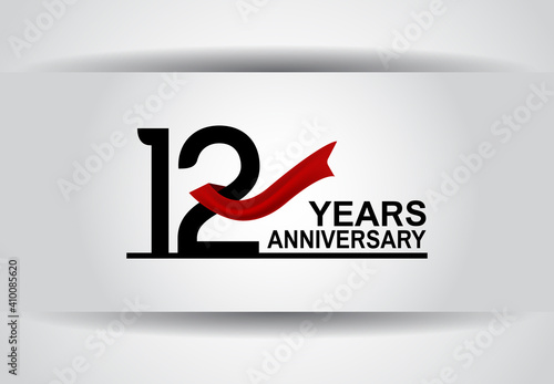 12 years anniversary vector design with red ribbon isolated on white background for celebration moment, greeting card and special event