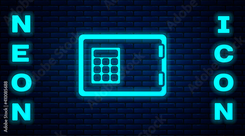 Glowing neon Safe icon isolated on brick wall background. The door safe a bank vault with a combination lock. Reliable Data Protection. Vector.