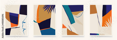 Modern abstract aesthetic illustrations with colorful plants. Contemporary wall decor. Collection of creative artistic posters. 