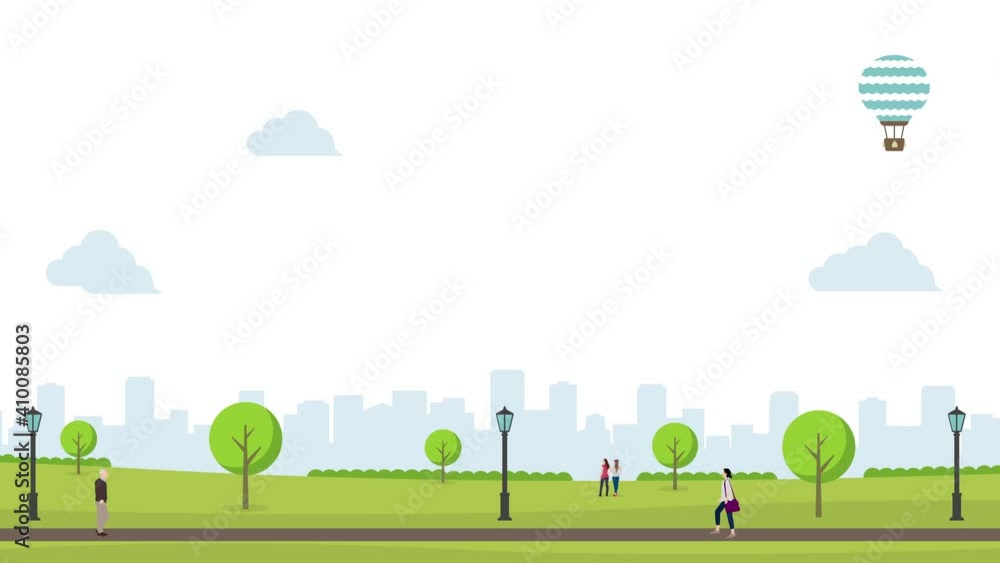 Animation of people walking in the green park. 4K video.. Animation of people walking in the green park. 4K video..