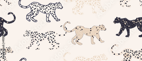 Hand drawn abstract pattern with leopards. Creative collage contemporary seamless pattern. Fashionable template for design.