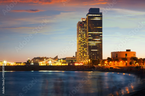 Landscape of Barceloneta Beach in summer evening in Barcelona, Spain