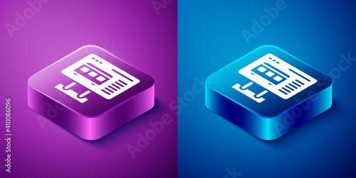 Isometric Ticket office to buy tickets for train or plane icon isolated on blue and purple background. Buying tickets. Ticket service. Square button. Vector.
