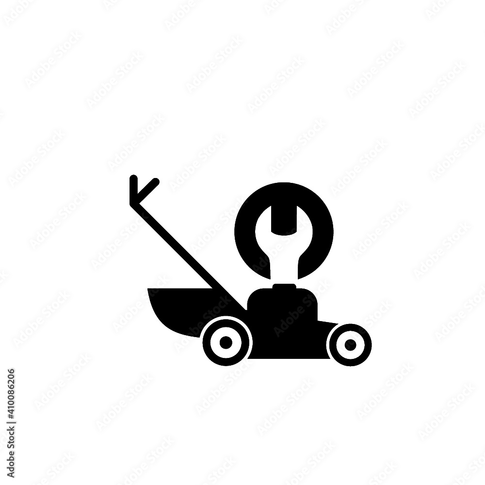 Repair of lawn mower glyph icon isolated on white background