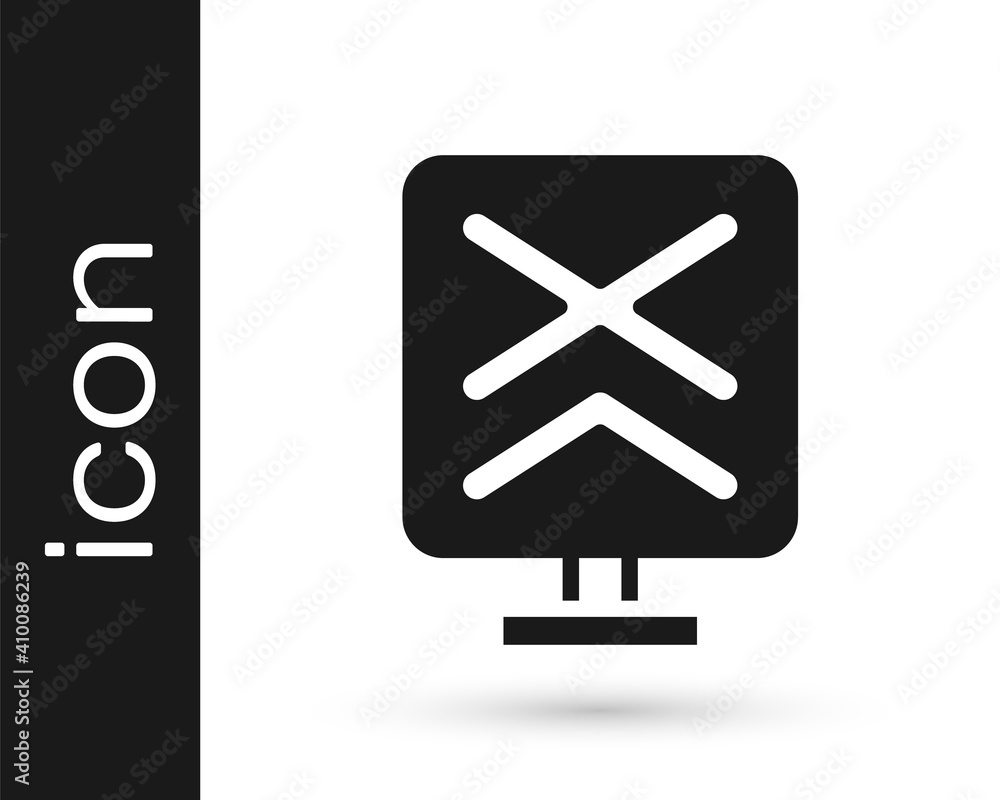 Black Railroad crossing icon isolated on white background. Railway sign. Vector. Black Railroad crossing icon isolated on white background. Railway sign. Vector.