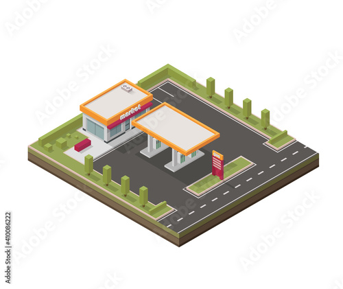 Vector isometric illustration representing low poly gas station. Petroleum filling station. Fuel. Isometric gas station.