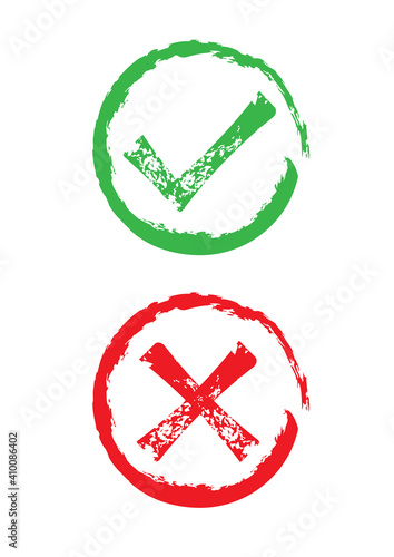 Tick and cross signs, icons. Symbols of YES and NO button. Vector illustration.
