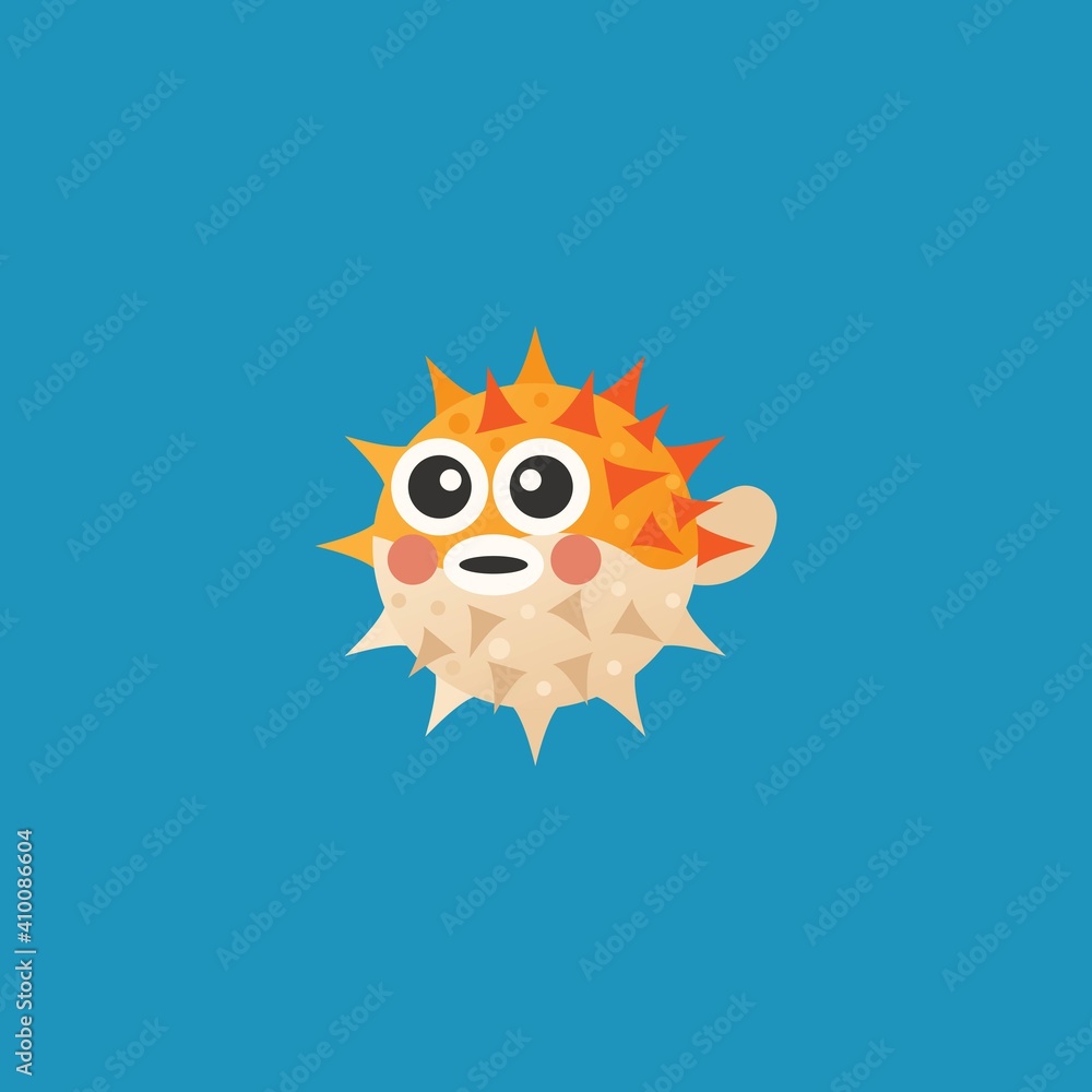 Puffer fish vector illustration, blowfish flat icon, cartoon balloon fish, isolated on background