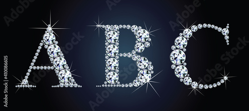 Diamond alphabet letters. Stunning beautiful ABC jewelry set in gems and silver. Vector eps10 illustration.