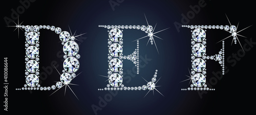 Diamond alphabet letters. Stunning beautiful DEF jewelry set in gems and silver. Vector eps10 illustration.