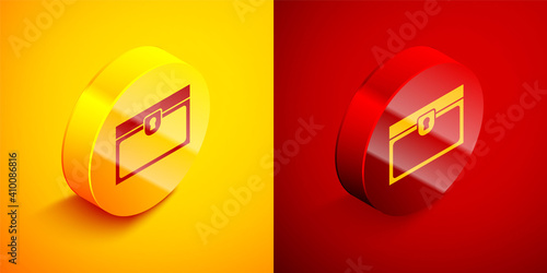 Free Download Isometric Antique treasure chest icon isolated on orange and red background. Vintage wooden chest with golden coin. Circle button. Vector. - GFXLoad