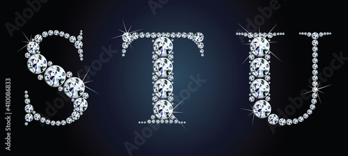 Diamond alphabet letters. Stunning beautiful S, T, U, jewelry set in gems and silver. Vector eps10 illustration.