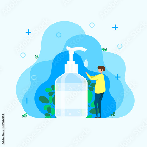 man disinfects hands, hand sanitizer, sanitizer, hand soap, bacteria and germ treatment for hands, insulated bottle with hand degreaser