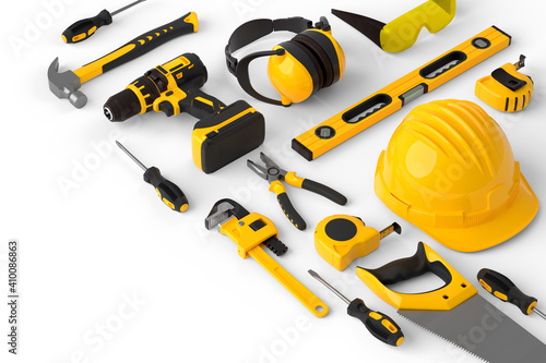 Set of construction tools for repair and installation on white background