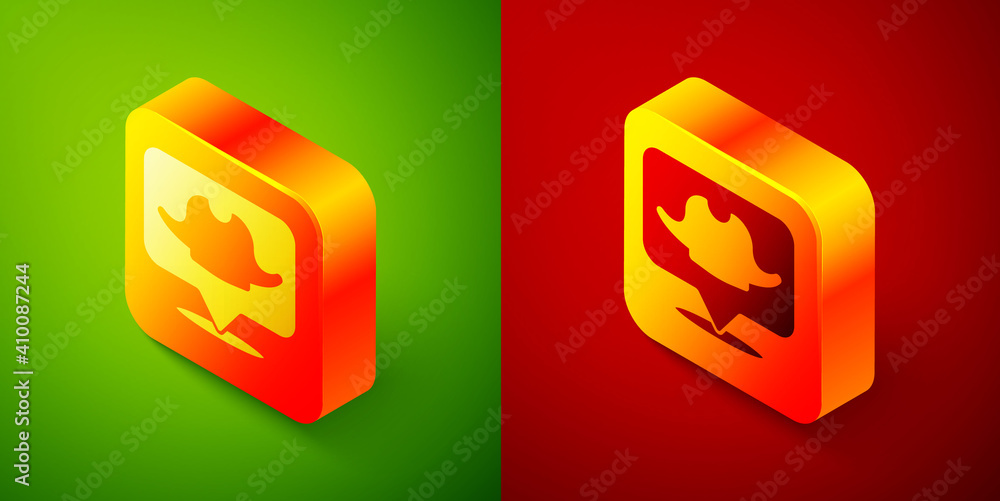 Isometric Location pirate icon isolated on green and red background. Square button. Vector. Isometric Location pirate icon isolated on green and red background. Square button. Vector.