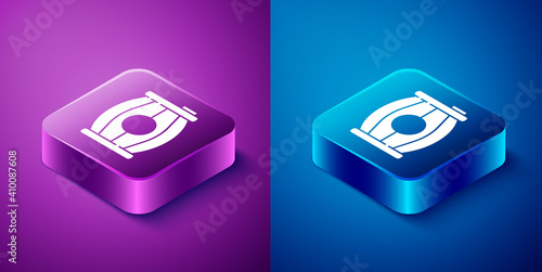 Isometric Gun powder barrel icon isolated on blue and purple background. TNT dynamite wooden old barrel. Square button. Vector.