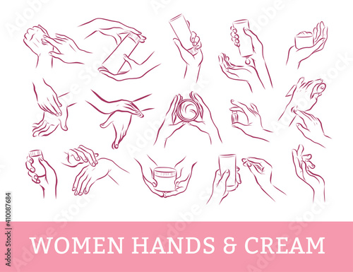 Collection of human hands with hand cream and moisturizer tube in different gestures and posses isolated on white background. Vector flat hand drawn illustration. For banners, ads, emblems, tags etc.