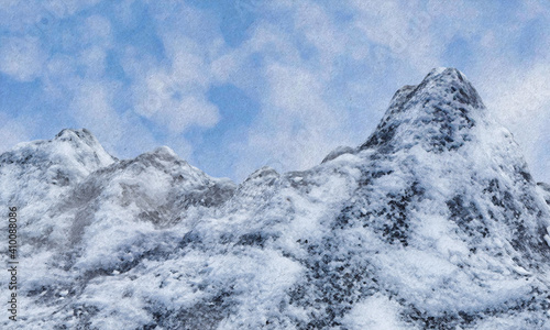 A 3D rendering and random generation of the top a rocky mountain covered in snow. There is a blue sky with clouds and mist. The illustration has a painted or paintbrush stoke effect.