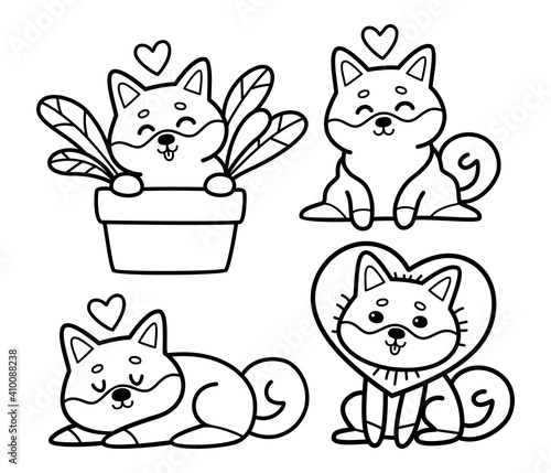 Vector set of cartoon shiba in love isolated on white.