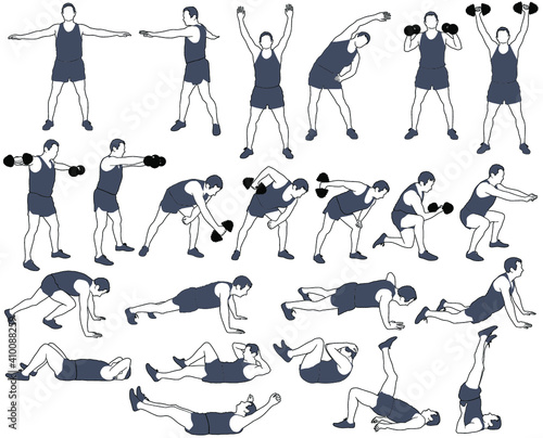 Vector icons of man in costume doing fitness and sport workout isolated on white background. Silhouettes of boy practicing exercises in different positions. Active and healthy life concept.