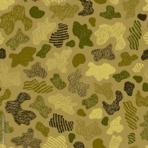 Green Camouflage background. Stains Seamless Pattern. Hand Drawn Doodle Spots - Vector illustration
