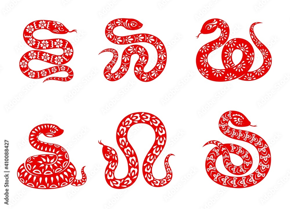 Chinese zodiac snake animal vector icons set. China Lunar new year symbolic, red ornate wriggling serpent, horoscope signs isolated on white background. Sarpentine snake asian symbol of year, tattoo Chinese zodiac snake animal vector icons set. China Lunar new year symbolic, red ornate wriggling serpent, horoscope signs isolated on white background. Sarpentine snake asian symbol of year, tattoo