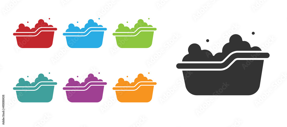 Black Baby bathtub with foam bubbles inside icon isolated on white background. Set icons colorful. Vector. Black Baby bathtub with foam bubbles inside icon isolated on white background. Set icons colorful. Vector.