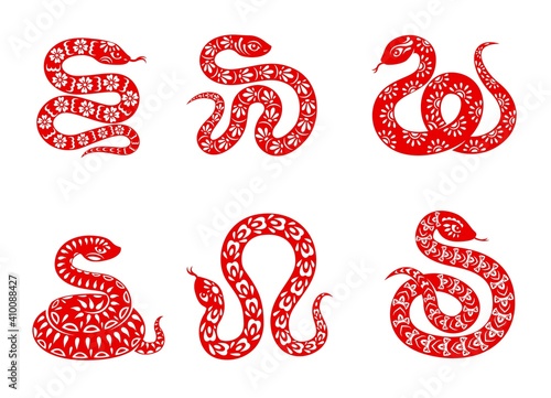Chinese zodiac snake animal vector icons set. China Lunar new year symbolic, red ornate wriggling serpent, horoscope signs isolated on white background. Sarpentine snake asian symbol of year, tattoo
