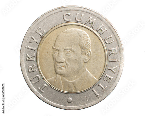 Turkish 1 lira coin on white isolated background