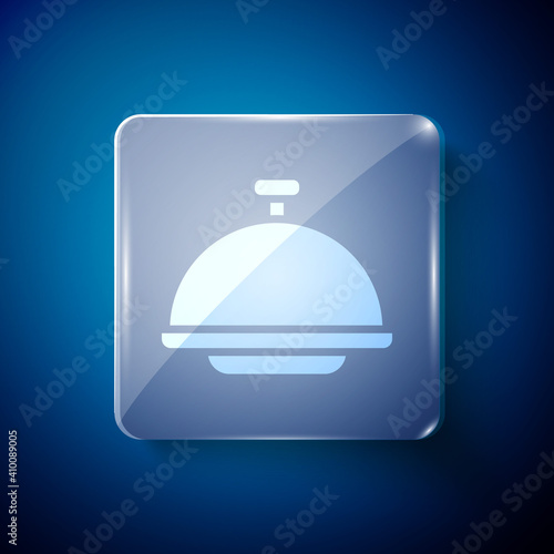 White Covered with a tray of food icon isolated on blue background. Tray and lid sign. Restaurant cloche with lid. Square glass panels. Vector.