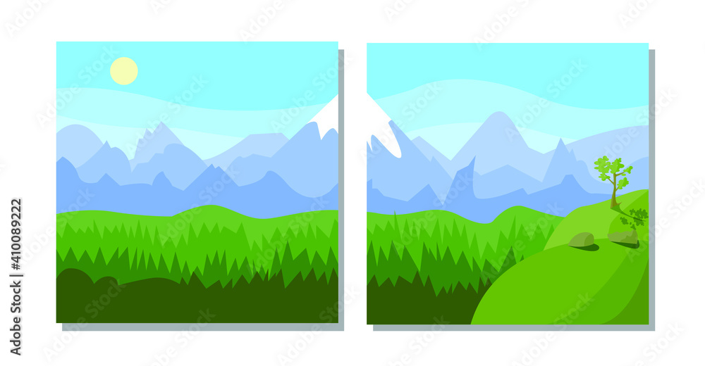 Mountaineering and Traveling Vector flat  Illustration. Landscape with Mountain Peaks. Extreme Sports, Vacation and Outdoor Recreation Concept, backgrounds