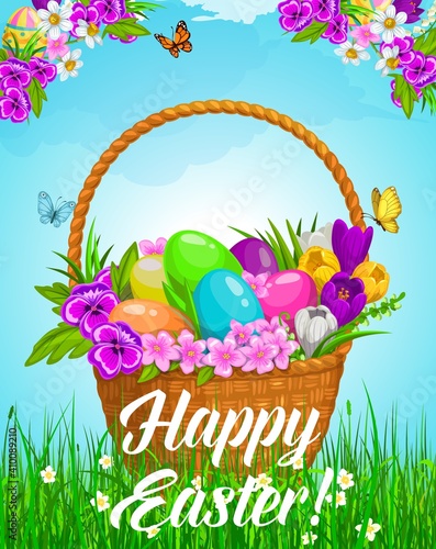 Easter basket with flowers and painted eggs on green lawn with butterflies under cloudy sky. Cartoon vector pottle with pansies and crocuses on field. Happy Easter holiday gift, greeting postcard