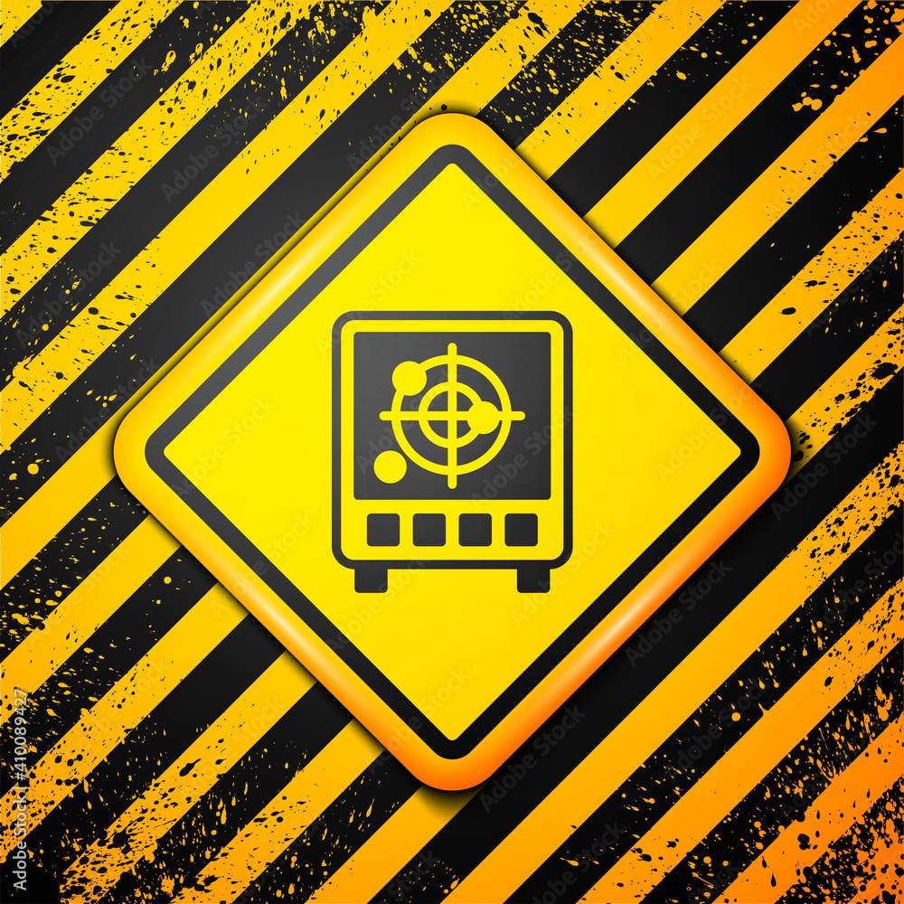 Black Radar with targets on monitor in searching icon isolated on yellow background. Search system. Navy sonar. Warning sign. Vector. Black Radar with targets on monitor in searching icon isolated on yellow background. Search system. Navy sonar. Warning sign. Vector.