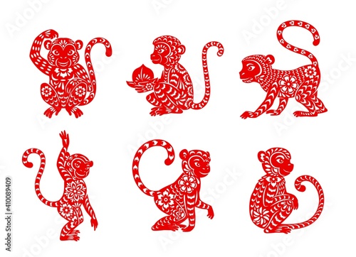 Chinese zodiac monkey animal vector icons set. Ape Lunar new year of China symbolic, red ornate , astrological horoscope signs isolated on white background. Asian symbol of year, tattoo or paper cut