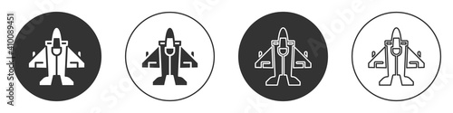Black Jet fighter icon isolated on white background. Military aircraft. Circle button. Vector.