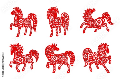 Chinese zodiac horse animal vector icons set. Equine Lunar new year of China symbolic, red ornate , astrological horoscope signs isolated on white background. Asian symbol of year, tattoo or paper cut