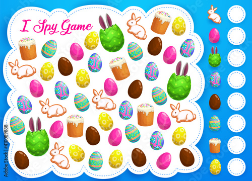 Easter I spy game or puzzle vector template of kids education. Counting game or logic riddle worksheet with cartoon Easter eggs, spring holiday sweet bread and bunny biscuits, find and count task
