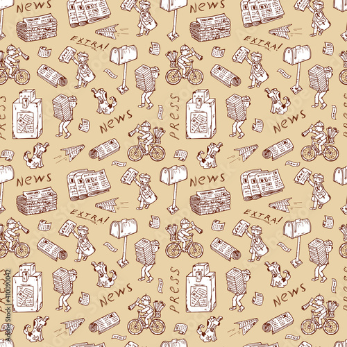 Press. Newspapers. Vector Seamless pattern: stacks and rolls of newspapers, postman, paperboys, newspaper vending machine, mailbox - Hand Drawn Doodles illustration