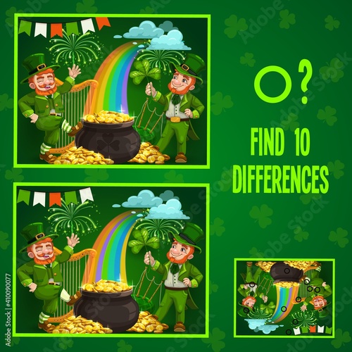 Kids game find ten differences. Vector cartoon St Patricks day Leprechaun characters with pot of gold, rainbow, lucky clover and fireworks, harp or flags. Educational children riddle, leisure activity
