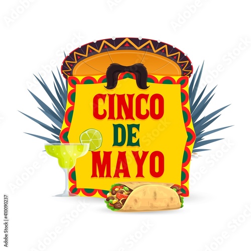 Cinco de Mayo vector icon with mexican sombrero hat, mustaches, tequila with lime and enchiladas with azul agave. Cartoon Cinco de Mayo traditional symbols with typography, isolated label or badge