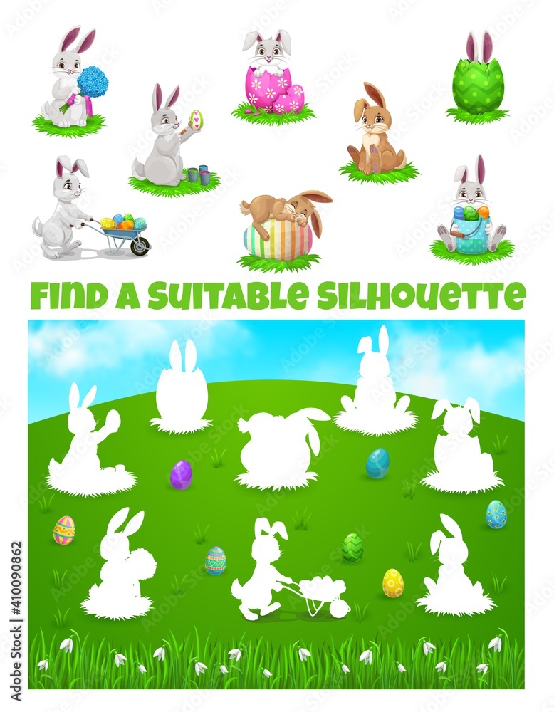 Fototapeta premium Kids game of find correct shadows of Easter egg hunt vector template. Children education worksheet, logic puzzle or riddle with cute cartoon Easter bunnies and eggs on spring green grass field