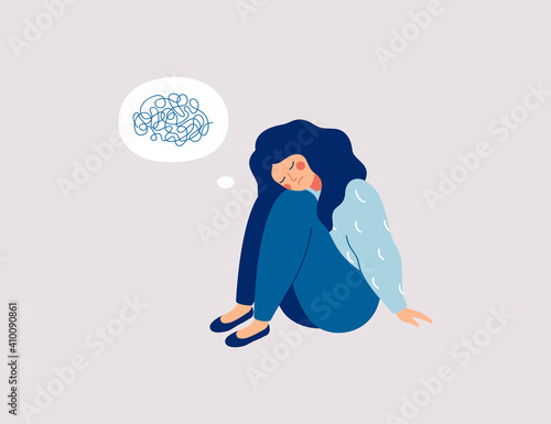 Sad girl sits on the floor with tangled thoughts. The unhappy child has confused thinking. The depressed adolescent has memory problems. Concept of mental disorder or illness. Vector illustration