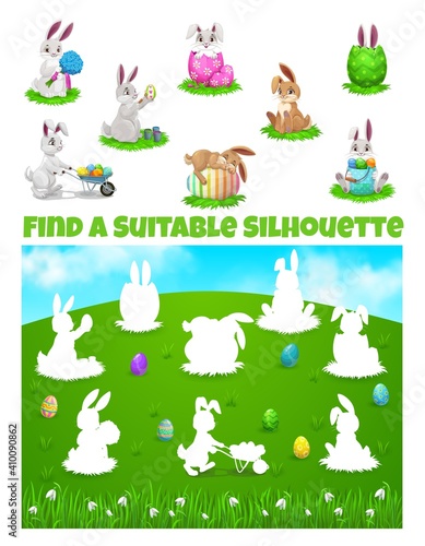 Kids game of find correct shadows of Easter egg hunt vector template. Children education worksheet  logic puzzle or riddle with cute cartoon Easter bunnies and eggs on spring green grass field