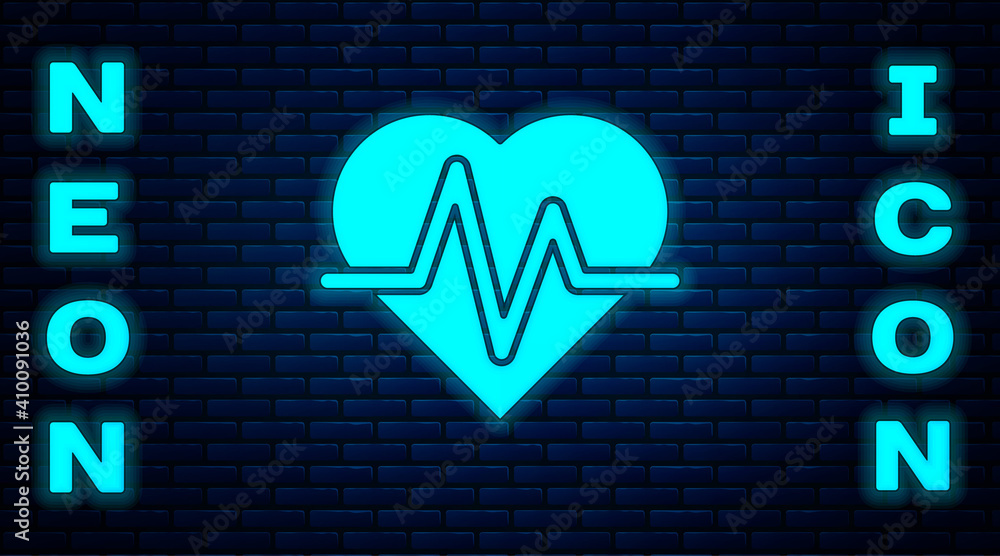 Glowing neon Heart rate icon isolated on brick wall background. Heartbeat sign. Heart pulse icon. Cardiogram icon. Vector.