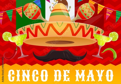 Cinco de Mayo Mexican holiday vector sombrero hat, fiesta party maracas and tequila, Mexico flag, red chilli and green jalapeno peppers, moustache, lime and bunting garland. Mexican party or festival