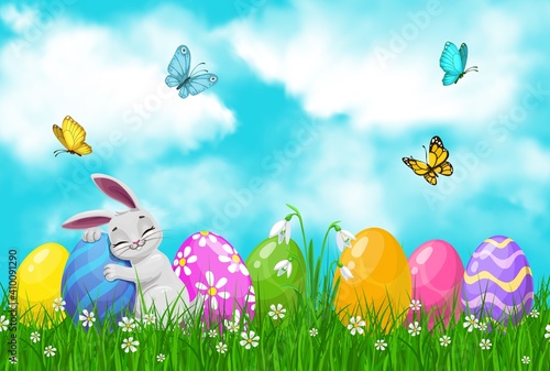 Easter egg hunt vector bunny or rabbit with eggs on spring grass field with green blades and blooming flowers, flying butterflies and blue sky. Religion holiday and Resurrection Sunday greeting card