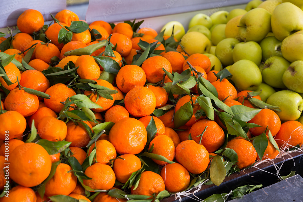 Assortment of fresh mandarins and apples at farmers market