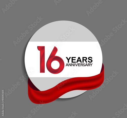 16 years anniversary design in circle red ribbon on gray background for celebration event, template, special event and invitation