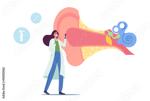 Tiny Doctor Audiologist with Instrument Check Huge Sick Ear, Otolaryngologist Character Holding Tool Checking Hearing