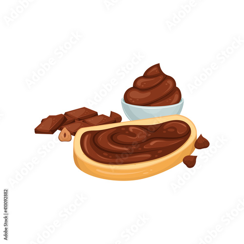 Vector illustration of a cream bowl with chocolate paste, a sandwich with chocolate paste, nuts and chocolate. Sweet snack. Chocolate-nut paste.
